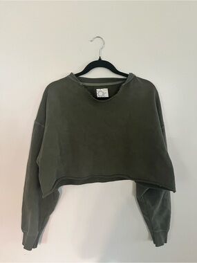 aerie Cropped Olive Green Raw-Edge Sweatshirt